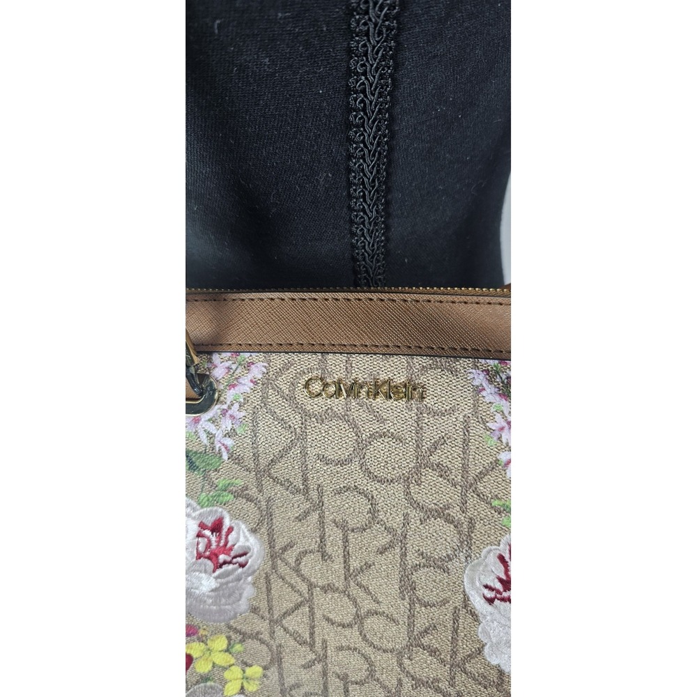 Calvin Klein Floral Embroidered Satchel Crossbody Logo Bag Brown Beige - Picture 2 of 9